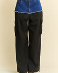 Davi & Dani Denim Patchwork Wide Leg Pants with Cargo Pockets