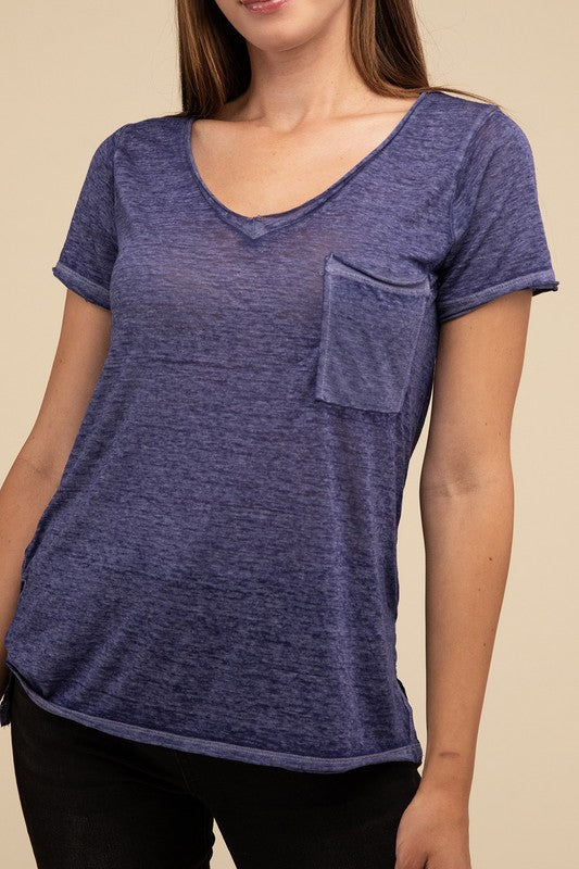 ZENANA Washed Melange Burnout Scoop V-Neck Top