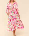 Haptics Full Size Floral Surplice Balloon Sleeve Dress with Side Pockets