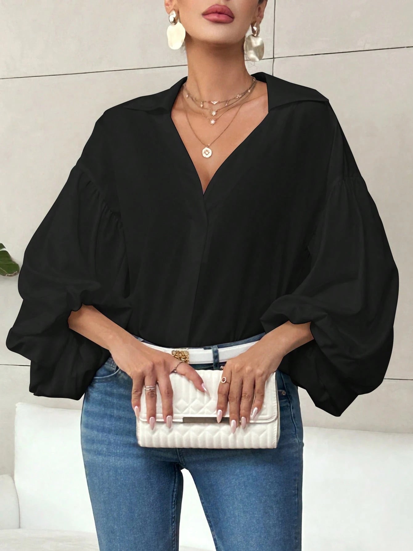 Polka Dot Bubble Sleeve Blouse