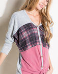 e Luna Solid Plaid Mixed Top