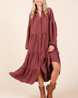 Mittoshop Tiered Button Down Long Sleeve Midi Dress