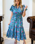 Floral Flutter Sleeve Tie Neck Belted Midi Dress