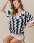 BiBi Contrast Striped Notched Knit Top