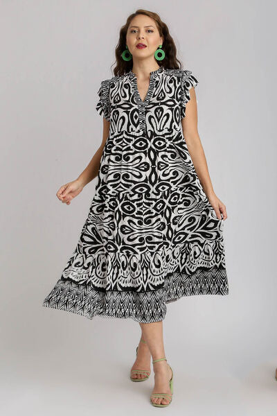 Umgee Full Size Two Tone Border Print Ruffle Cap Sleeve Midi Dress Plus Size