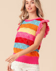 BiBi Pointelle Striped Ruffled Knit Top