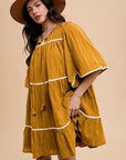 Annie Wear Tassel Contrast Trim Tie Neck Half Sleeve Tiered Dress