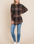 BOMBOM Drawstring Plaid Long Sleeve Hoodie