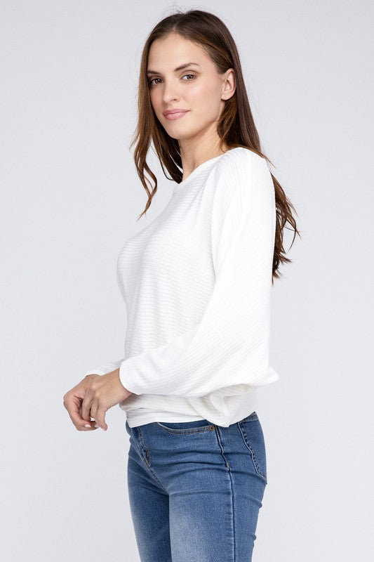 Zenana Ribbed Batwing Long Sleeve Boat Neck Sweater