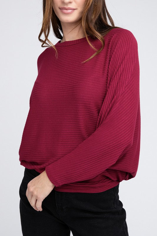 Zenana Ribbed Batwing Long Sleeve Boat Neck Sweater