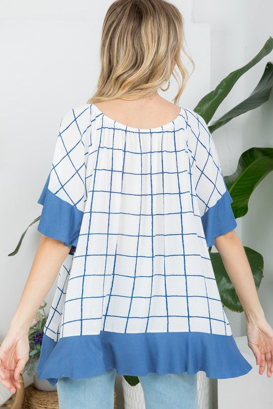 e Luna PLUS Plaid Mix Ruffle Peasant Top