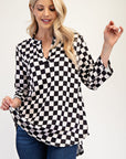 Celeste Full Size Curved Hem Checkered Notched Blouse