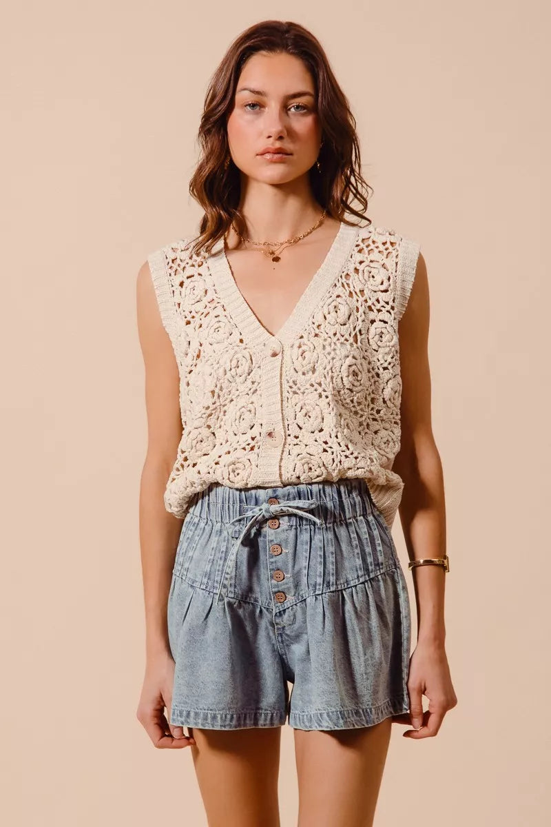 SO ME Flared Denim Shorts with Elasticized Waist