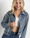 Cropped Denim Jacket with Rhinestone Fringe