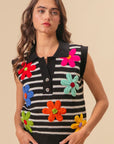 BiBi Flower Patch Striped Half Button Sweater Vest