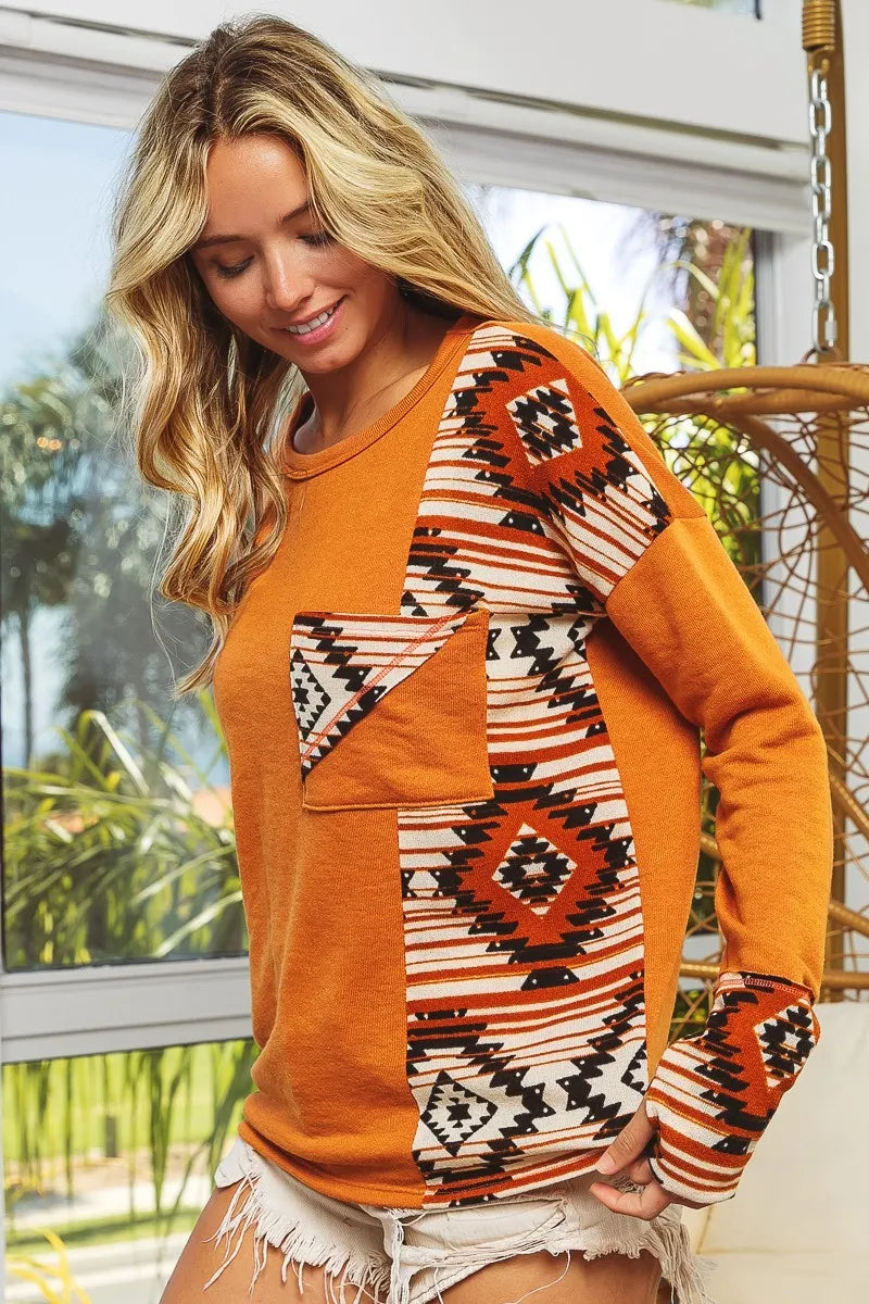 BiBi French Terry with Aztec Print Top