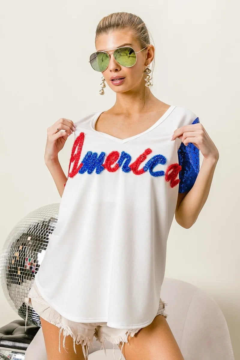 BiBi Metallic Letter V-neck Sequin Sleeves Top in Cream