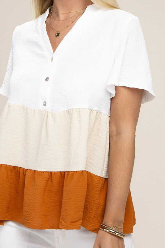 Color Block Notched Neck Blouse - Online Only