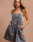 BiBi Flower Printed Wide Strap Denim Overalls