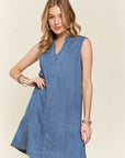 ADORA Notched Sleeveless Denim Dress with Pockets