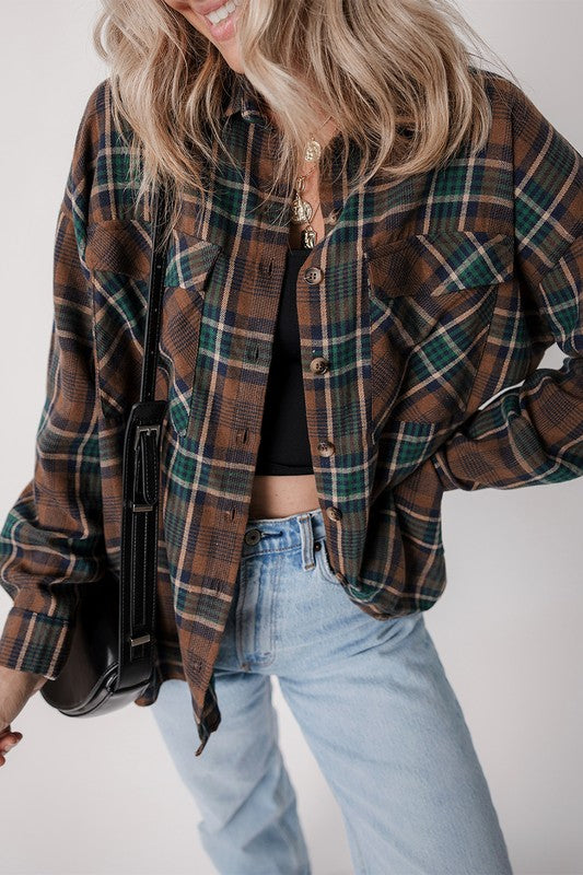 Women&#39;s Plaid Print Pockets Buttoned Shirt Jacket