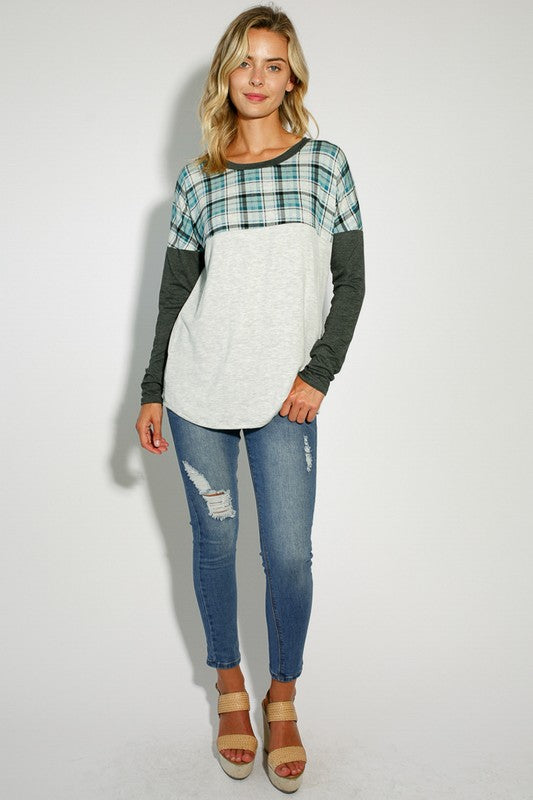 e Luna Plaid Mixed Colorblock Top