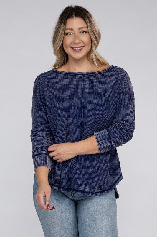 Zenana Plus Washed Baby Waffle Oversized Long Sleeve Top