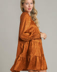 Umgee Smocked Leopard Long Sleeve Tiered Dress