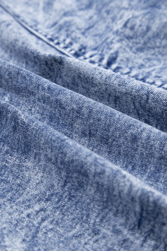 Denim Frilly Square Neck Bustier Puff Sleeve Dress