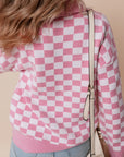 Checkered Buttons V Neck Drop Shoulder Sweater