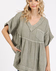 Mittoshop Mineral Wash Gauze Babydoll V-Neck Oversized Blouse