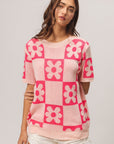 BiBi Flower Checker Pattern Short Sleeve Sweater