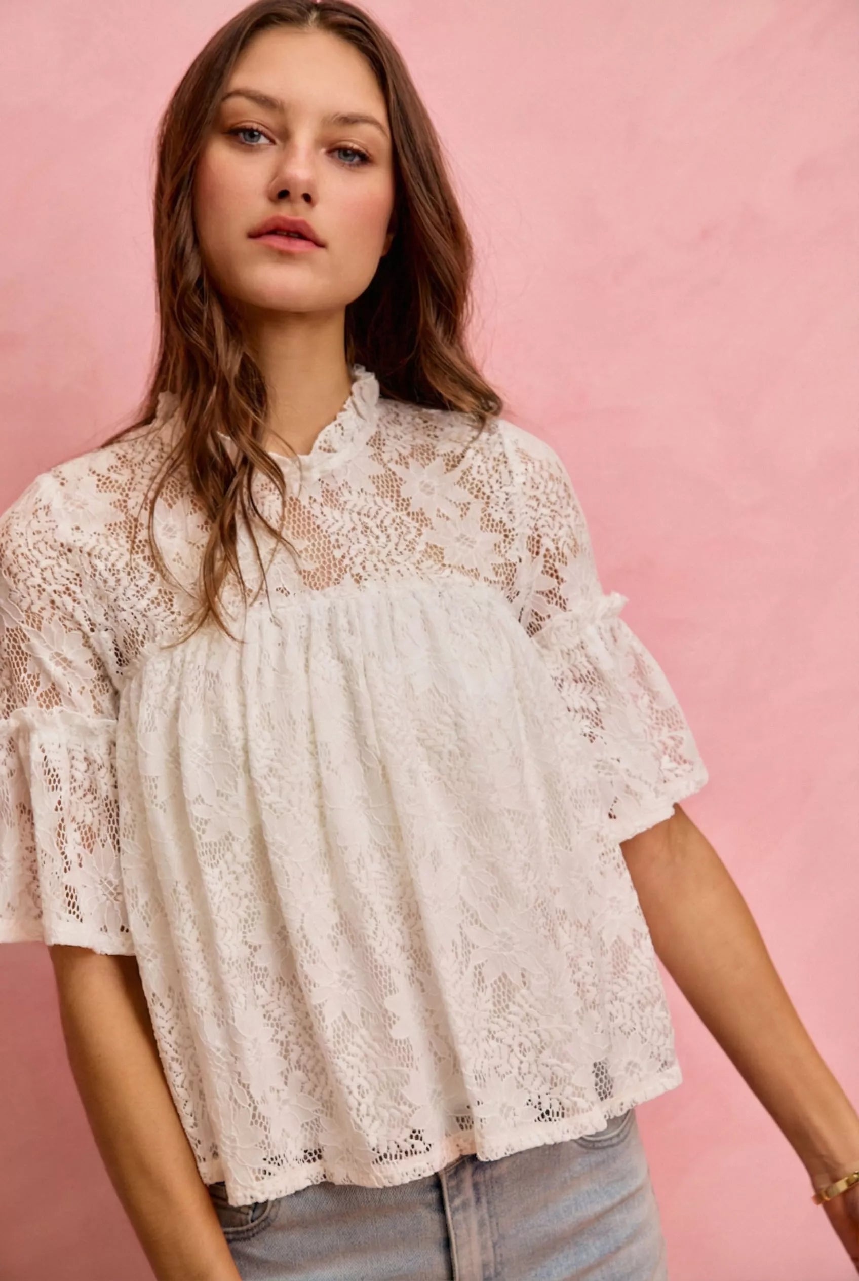 SO ME Lace Ruffled Short Sleeves Swing Top
