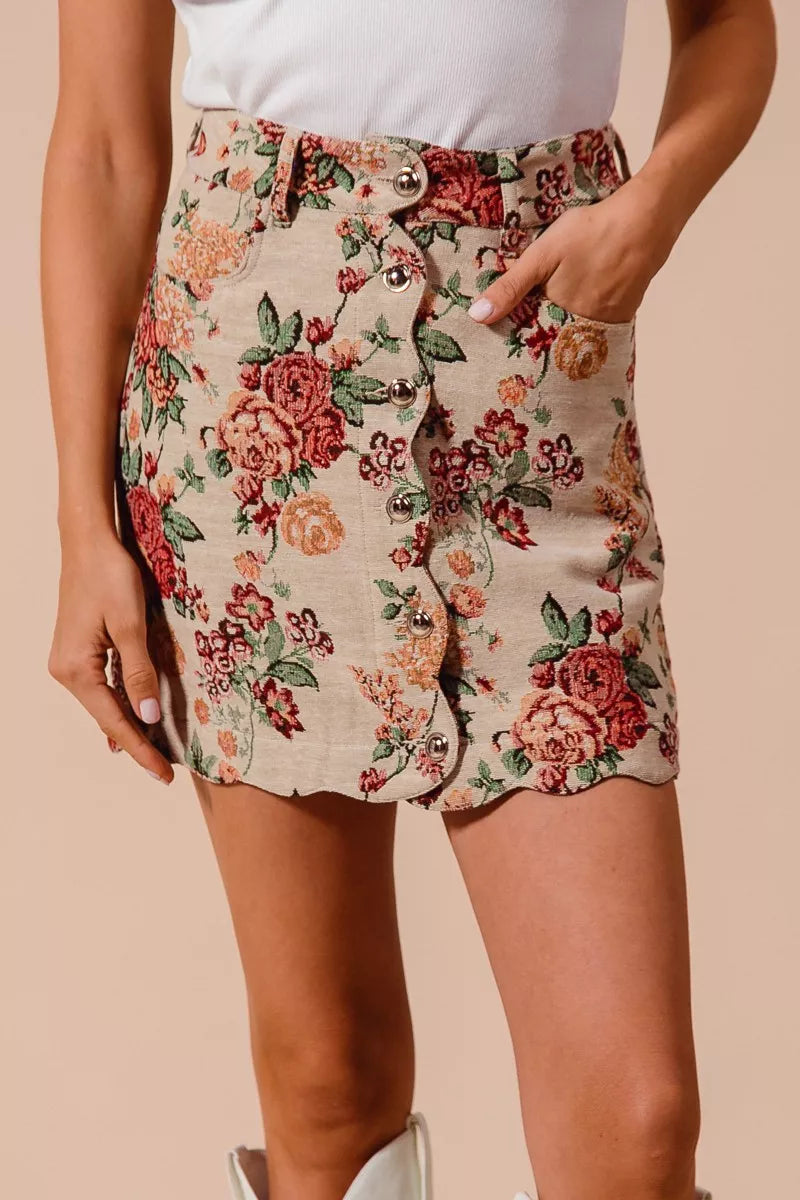 SO ME Floral Jacquard Button Front Mini Skirt with Scall