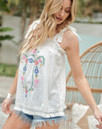 Davi & Dani Embroidered Sleeveless Ruffle Tank Top