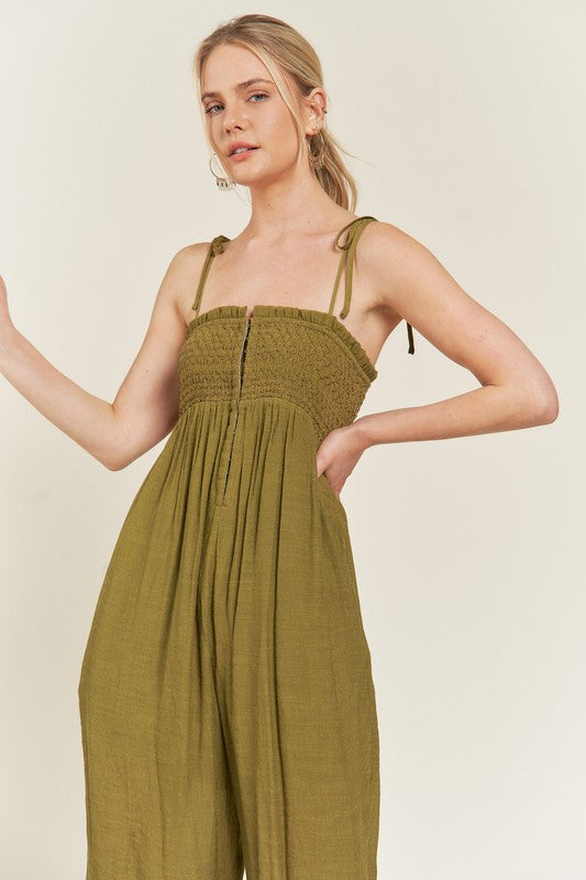 Jade By Jane Smocked Tie Strap Jumpsuit