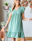 Heimish Full Size Short Sleeve V Neck Ruffled Hem Dress