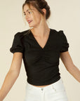 Lilou Shirred V-Neck Top with Puff Sleeves