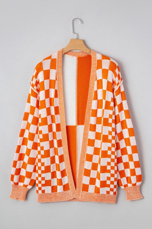 Checker Open Front Drop Shoulder Cardigan