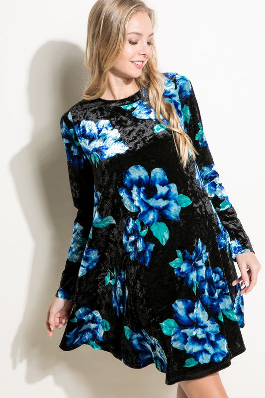 e Luna Floral Print Velvet Swing Mini Dress