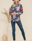 Celeste Full Size Floral Curved Hem T-Shirt with Stripe Detail