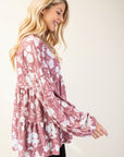 Celeste Full Size Tiered Floral V-Neck Long Sleeve Blouse