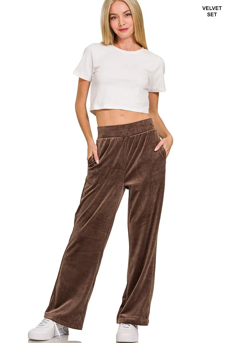 Zenana Velvet Zip Up Hoodie and Pants Set in Brown