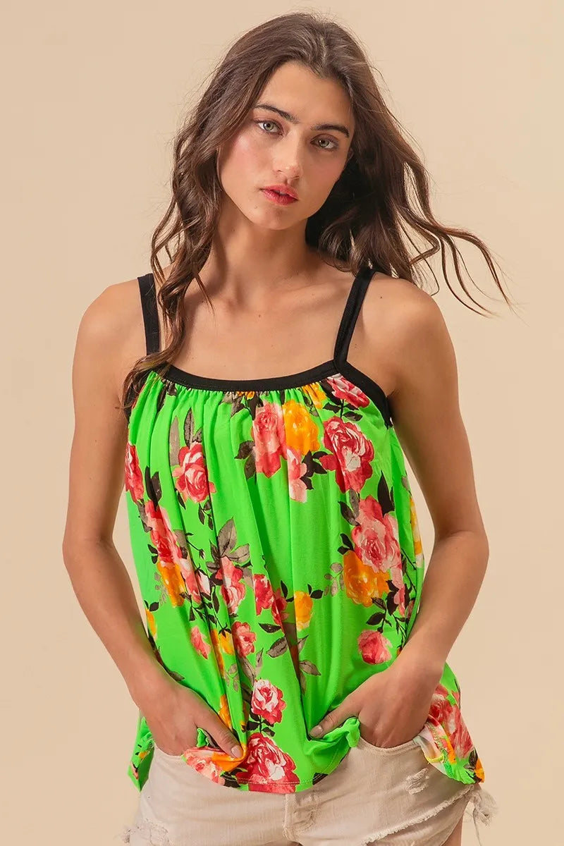 BiBi Floral Print Jersey Knit Gathering Cami Top in Lime