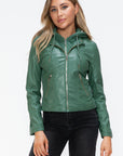 Snobbish Faux Leather Zip Up Drawstring Hooded Jacket