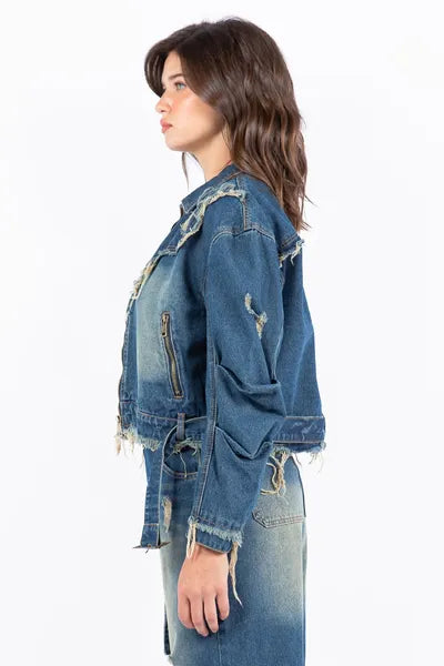 American Bazi Distressed Frayed Edge Zip Up Denim Jacket