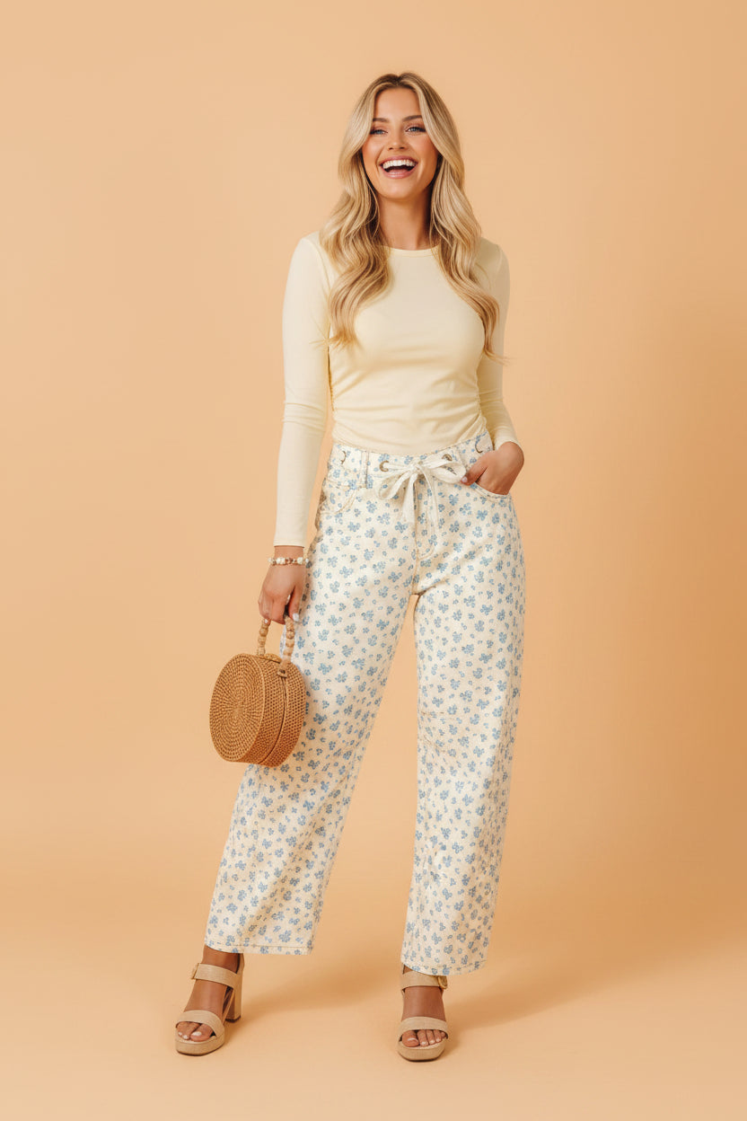 Floral Grommet Knot Waist Barrel Leg Jeans