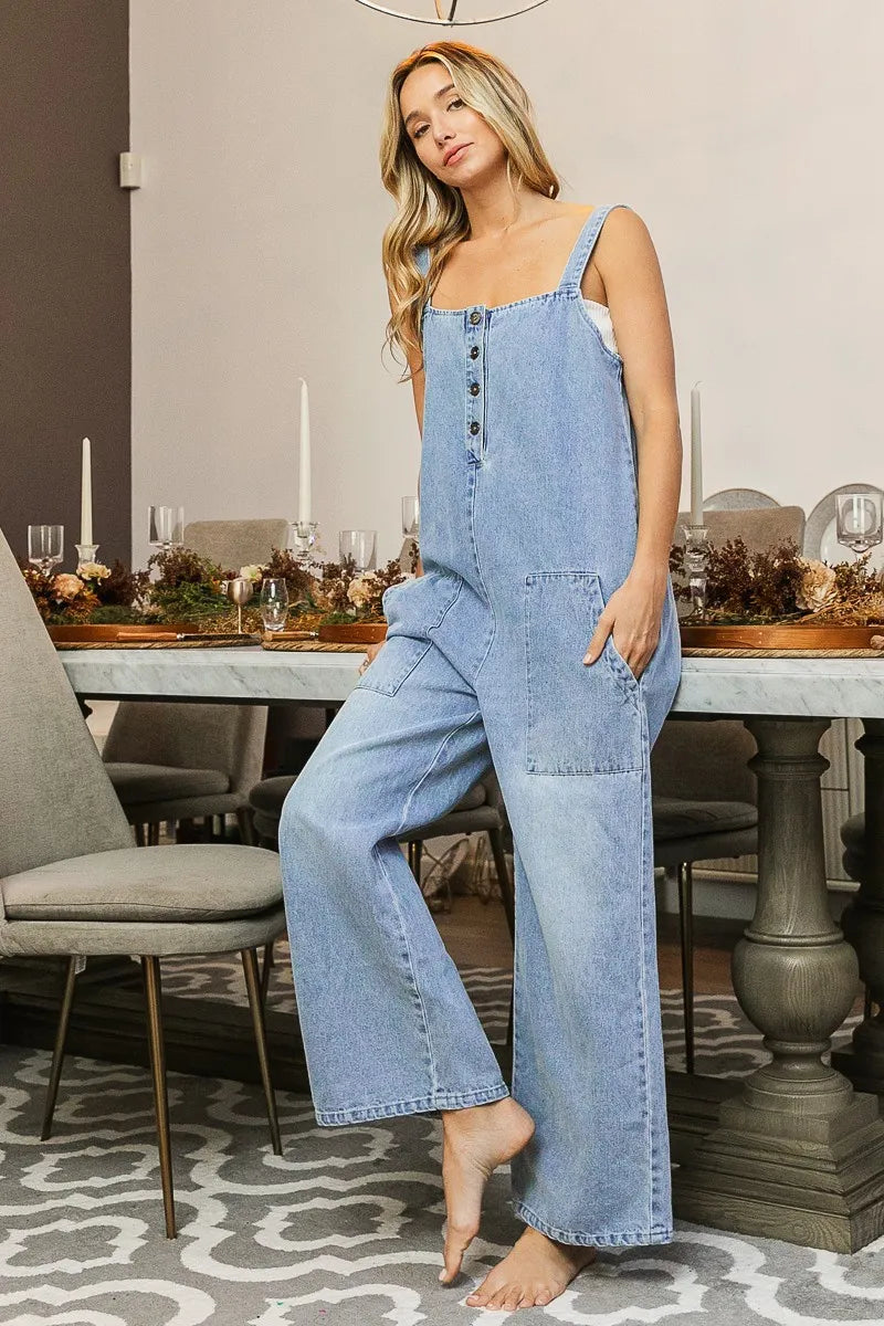 BiBi Washed Denim Buttoned Overall Jumpsuit