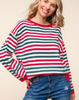 Haptics Full Size Striped Contrast Side Slit Knit Top