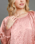 Umgee Wrinkled Round Neck Lantern Sleeve Blouse